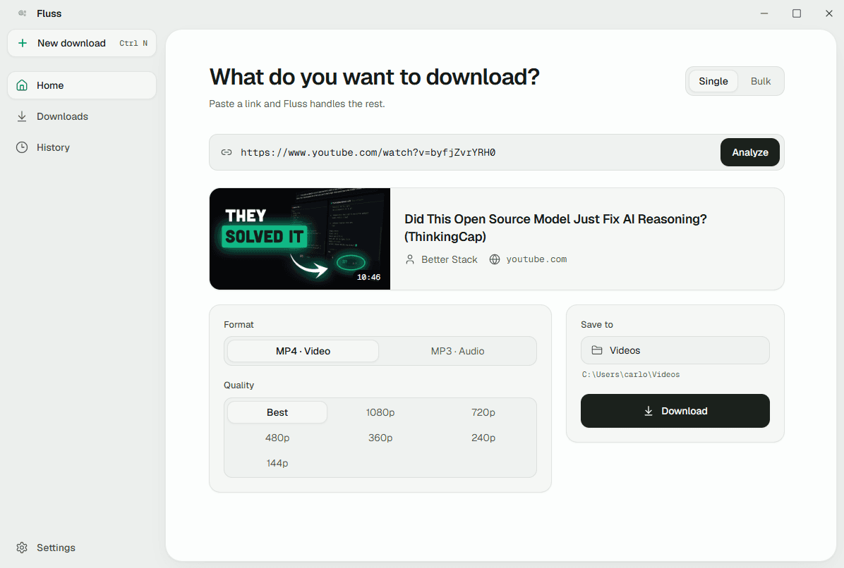 The Fluss home page in Single mode with a URL analyzed and a preview shown